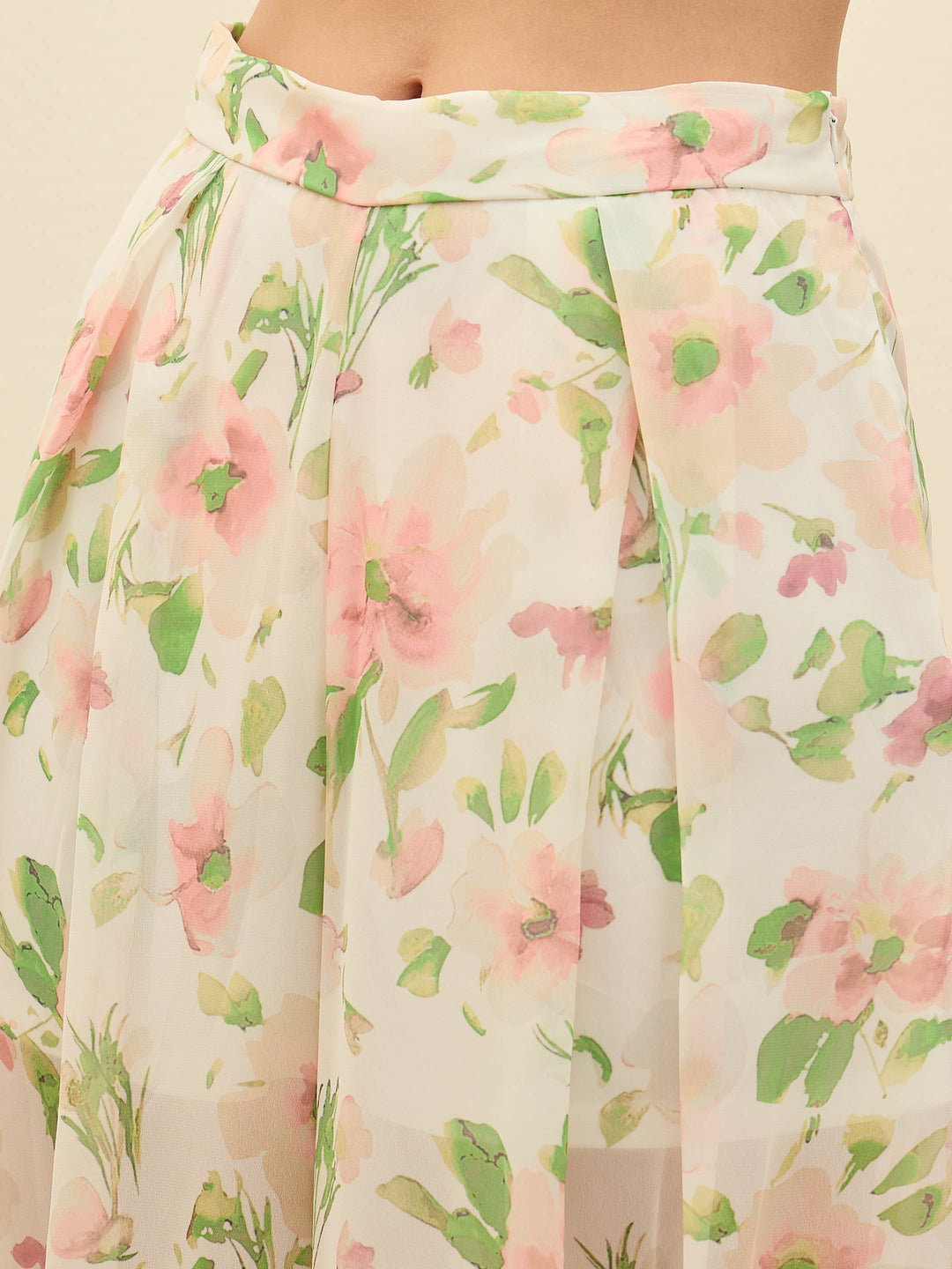 Women White Floral Long Top With Flared Pants