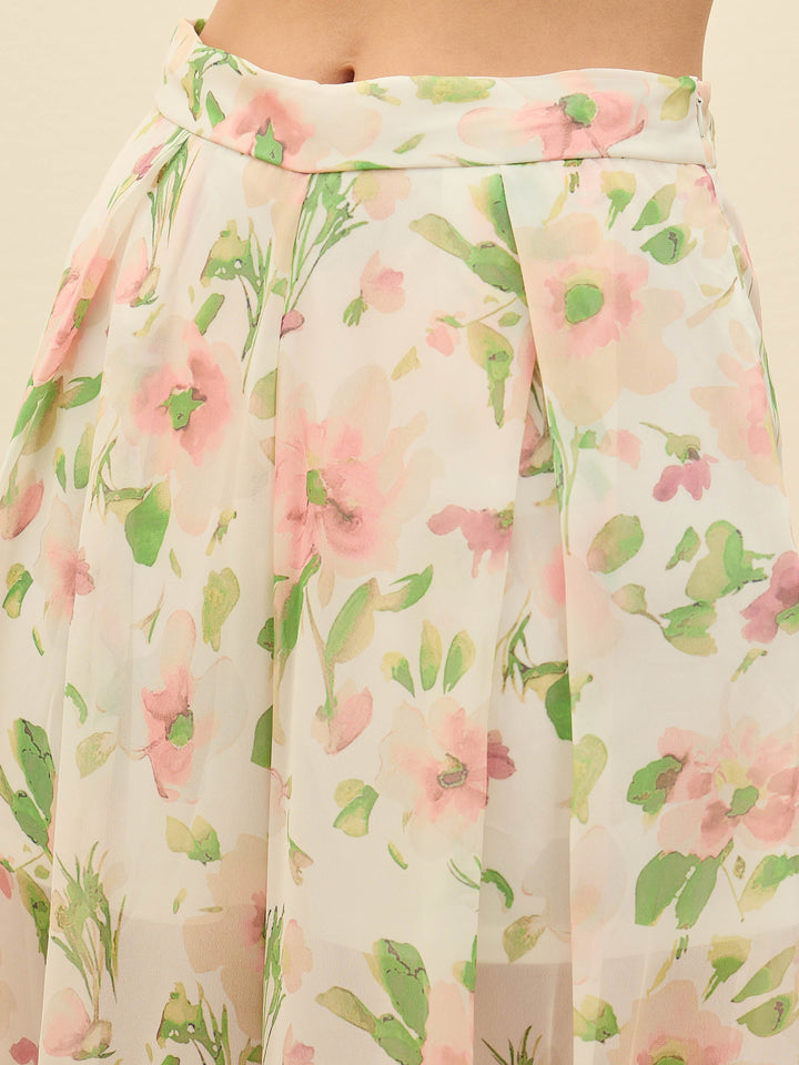 Women White Floral Long Top With Flared Pants