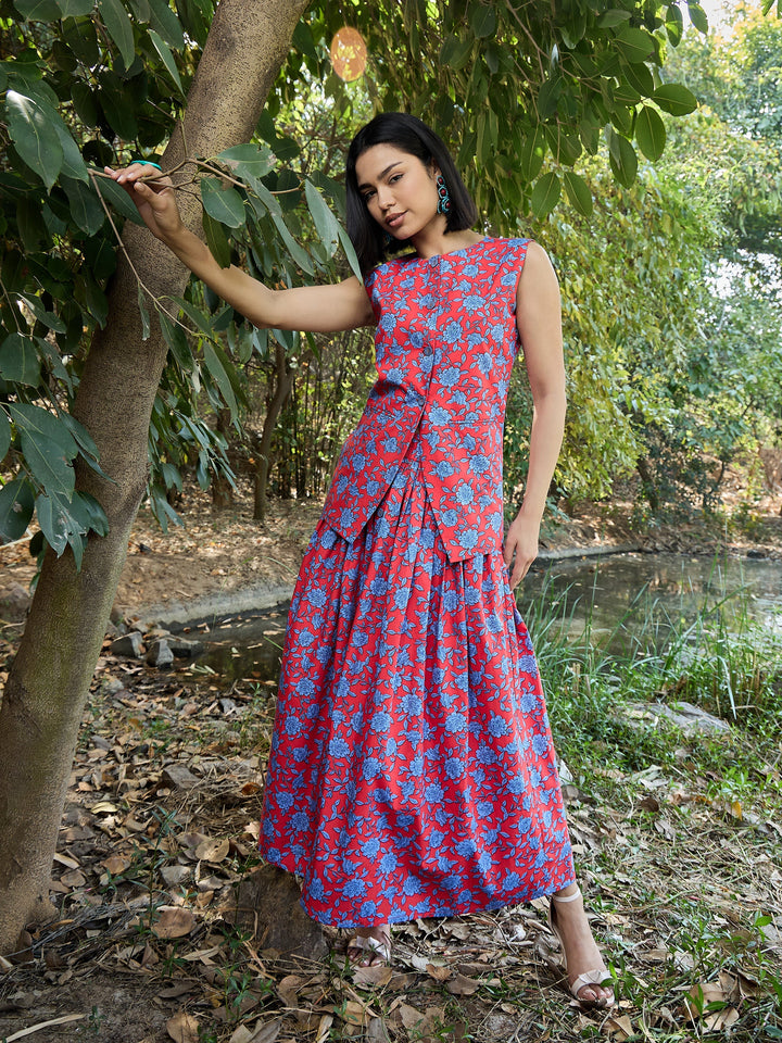 Women Red &amp; Blue Floral Vest Top With Gathered Skirt