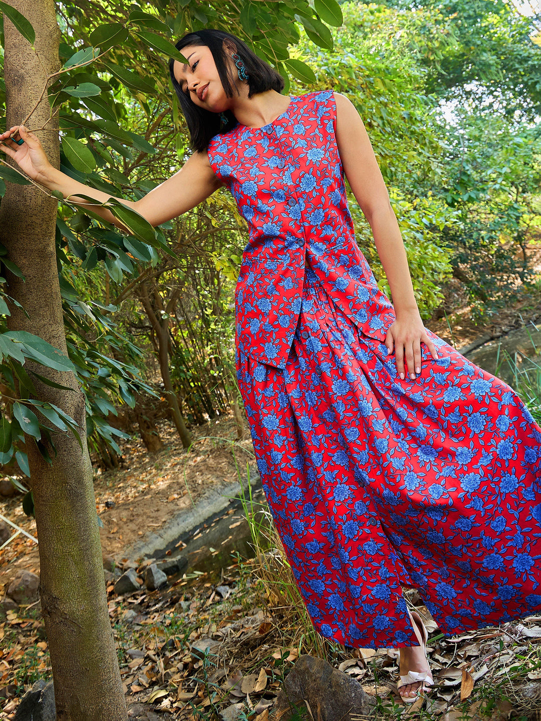 Women Red &amp; Blue Floral Vest Top With Gathered Skirt