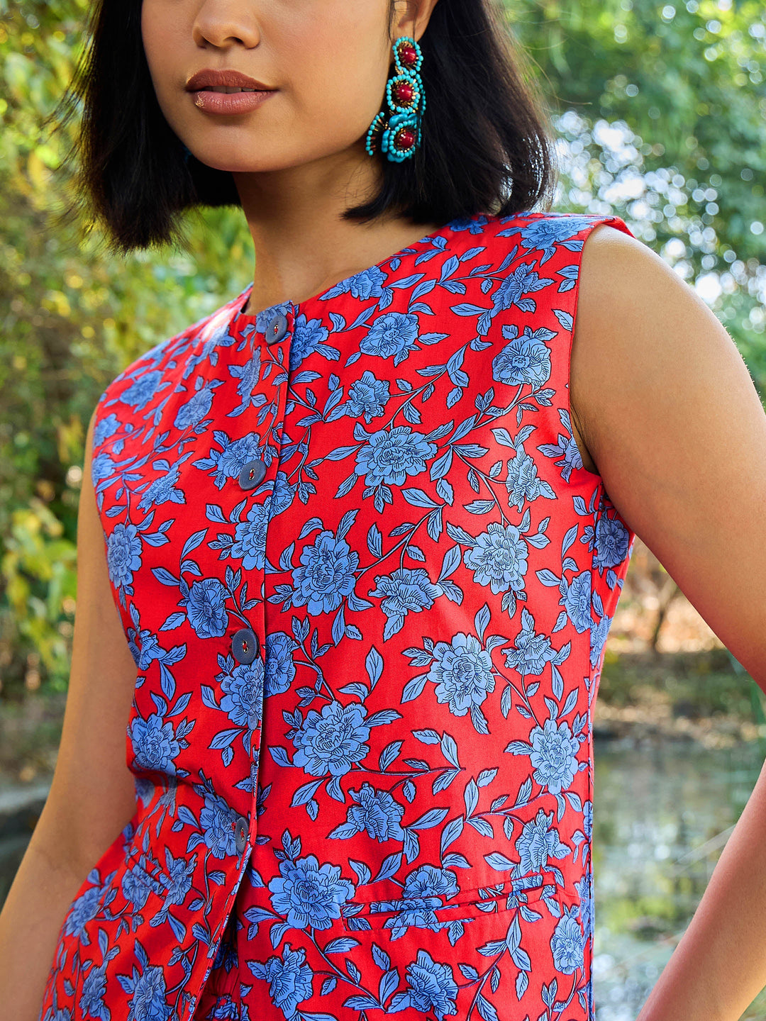 Women Red &amp; Blue Floral Vest Top With Gathered Skirt