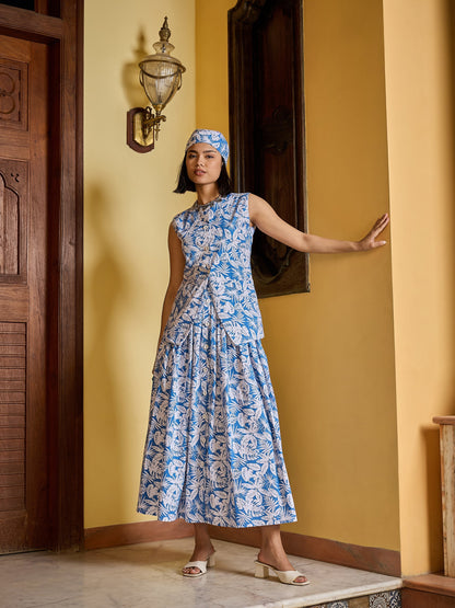 Blue & White Floral Vest Top With Gathered Skirt