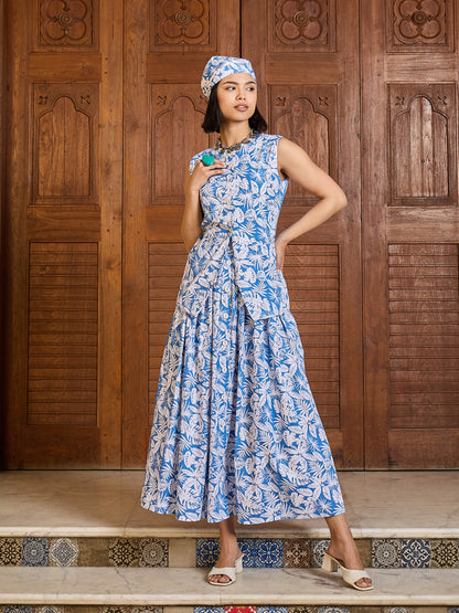 Blue & White Floral Vest Top With Gathered Skirt