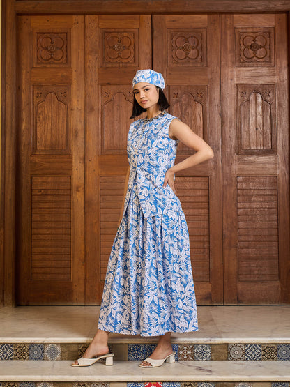 Blue & White Floral Vest Top With Gathered Skirt