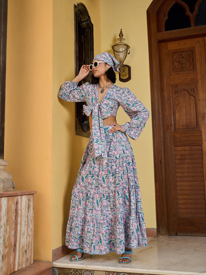 Women Blue Paisley Wrap Top With Tiered Skirt