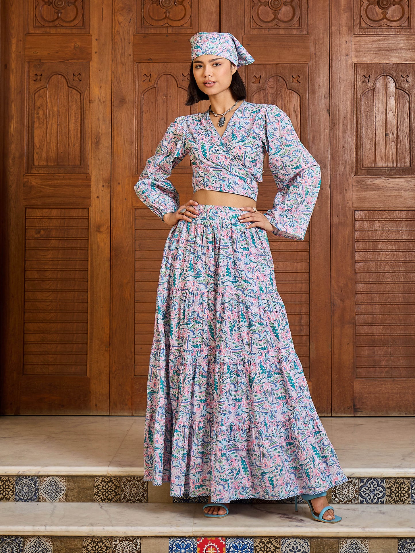 Women Blue Paisley Wrap Top With Tiered Skirt