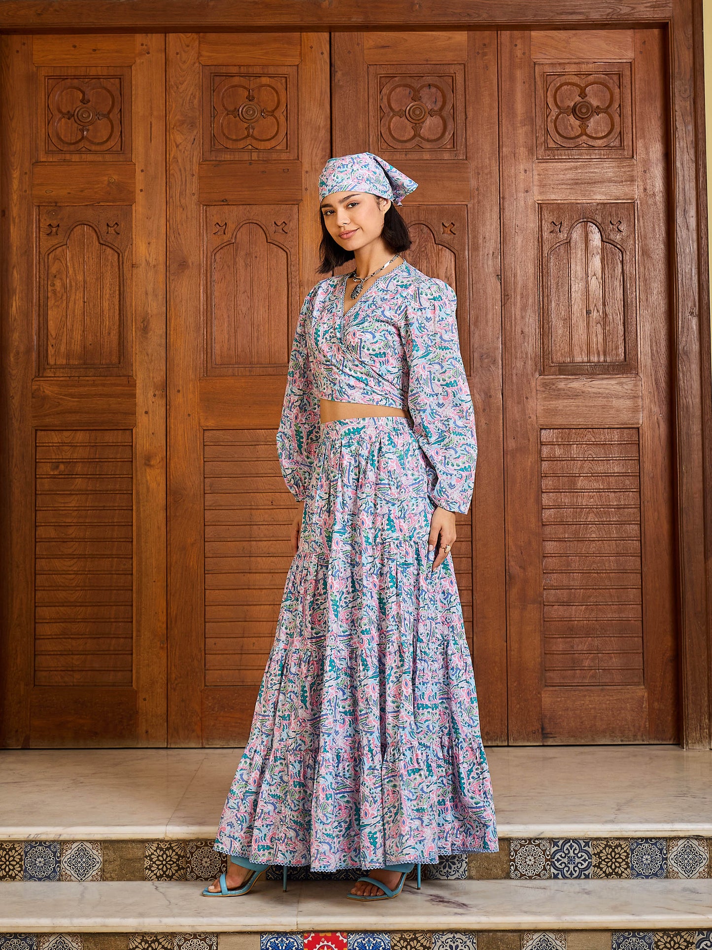 Women Blue Paisley Wrap Top With Tiered Skirt