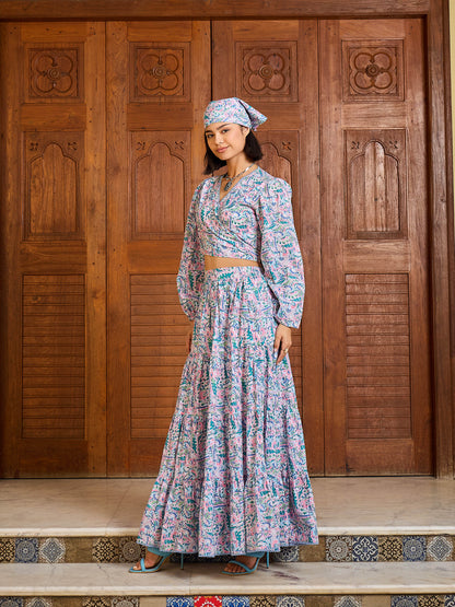 Women Blue Paisley Wrap Top With Tiered Skirt