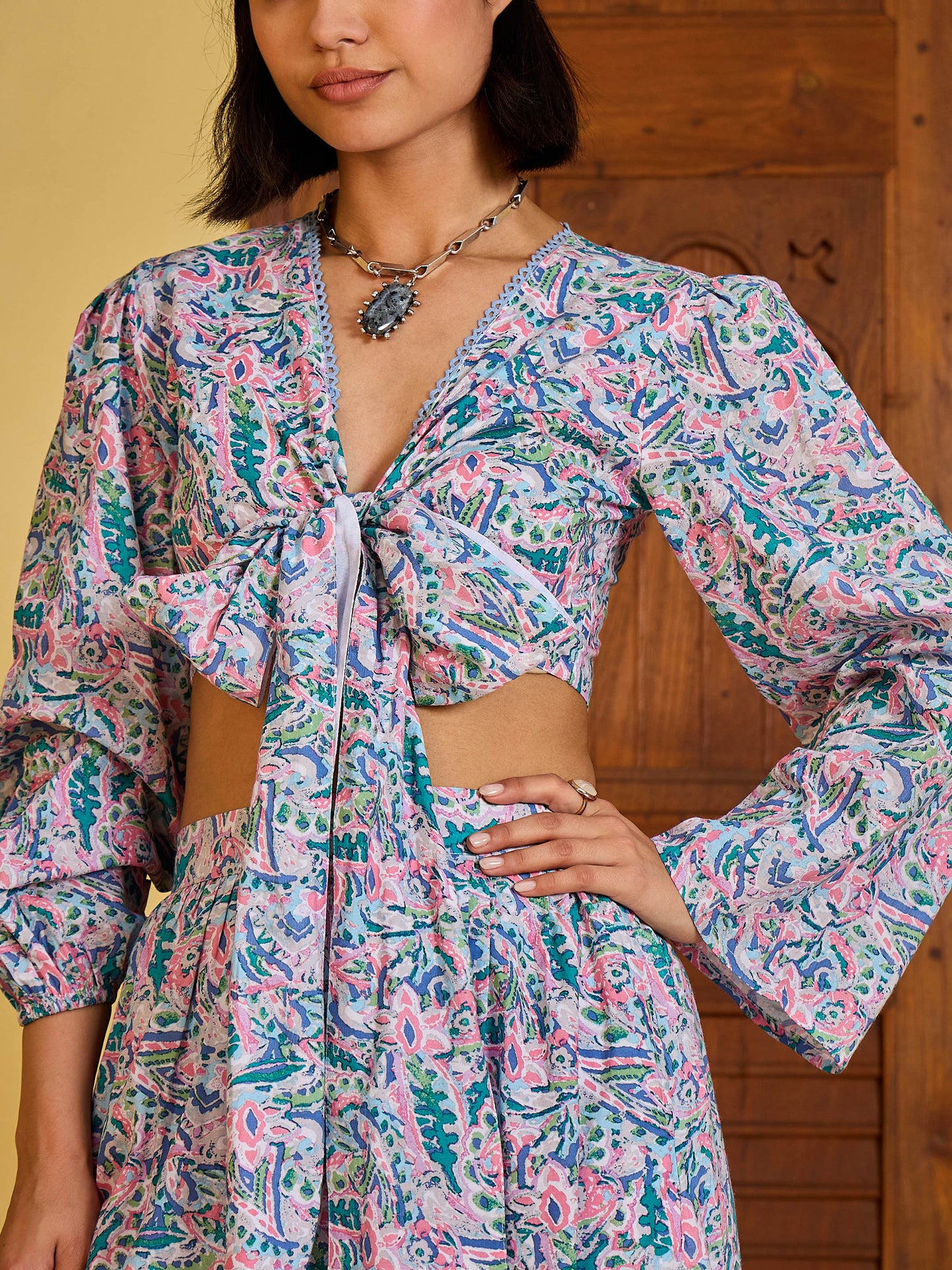 Women Blue Paisley Wrap Top With Tiered Skirt