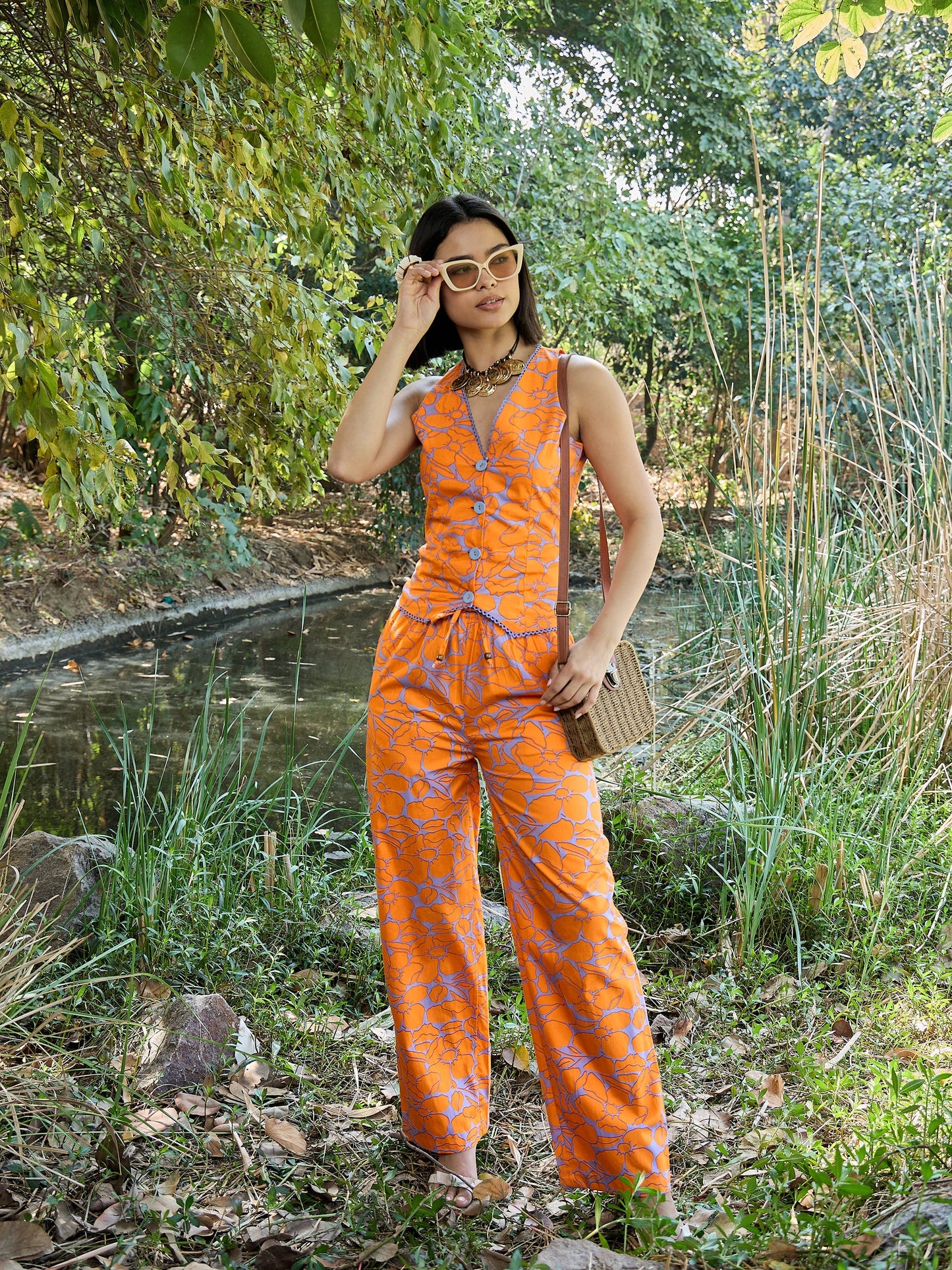 Grey & Orange Floral Vest Top With Pants