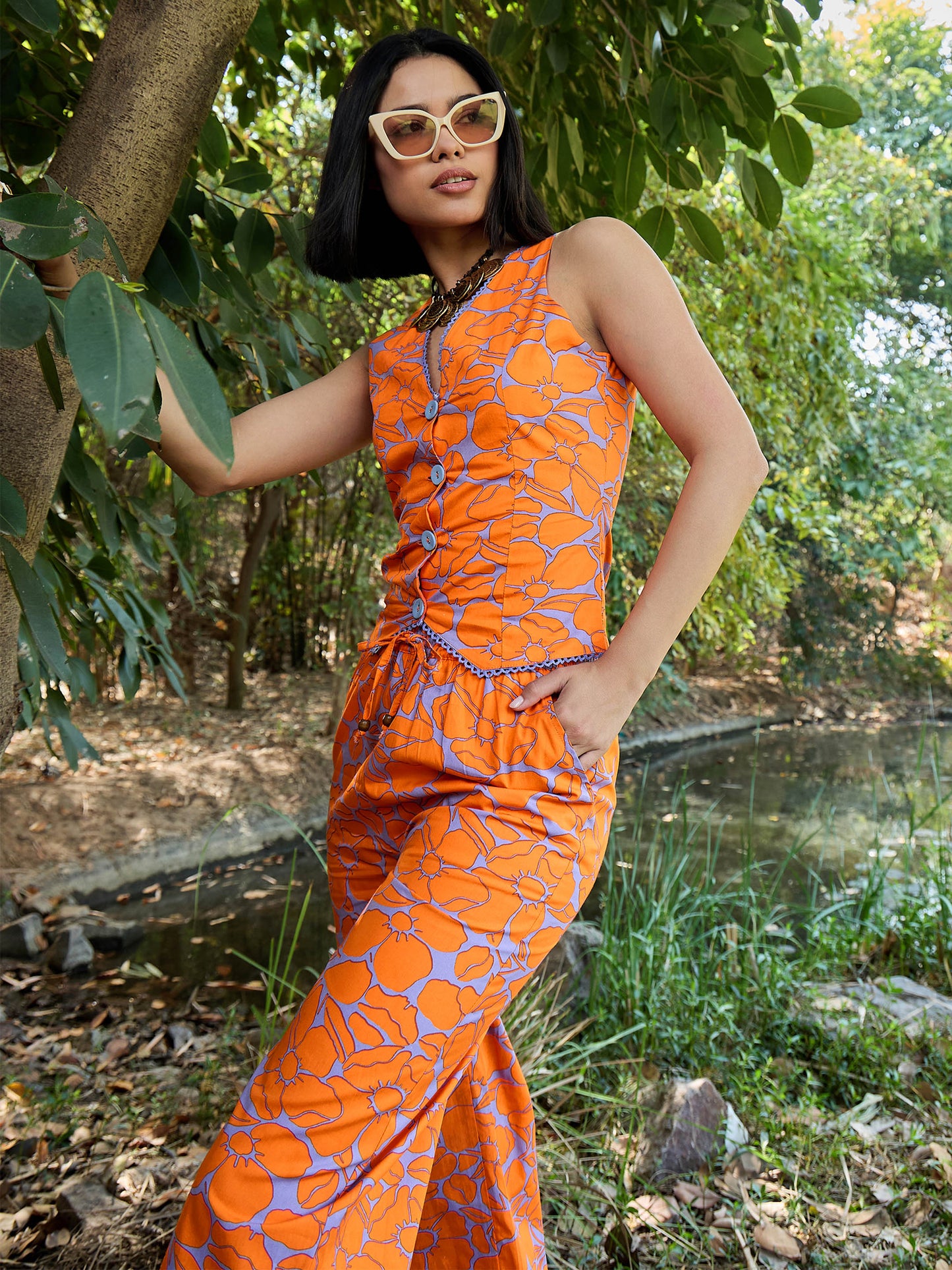 Grey & Orange Floral Vest Top With Pants