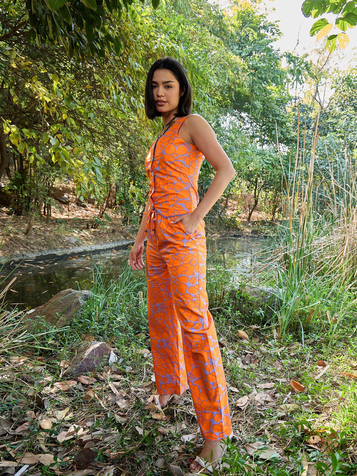 Grey & Orange Floral Vest Top With Pants
