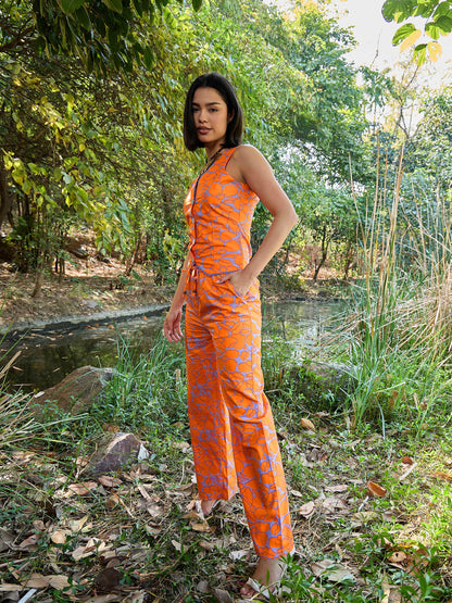 Grey & Orange Floral Vest Top With Pants