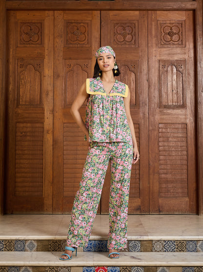Women Green Floral V Neck Peplum Top With Pants