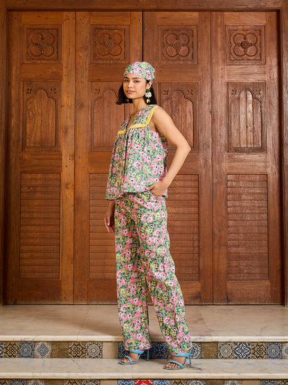 Women Green Floral V Neck Peplum Top With Pants