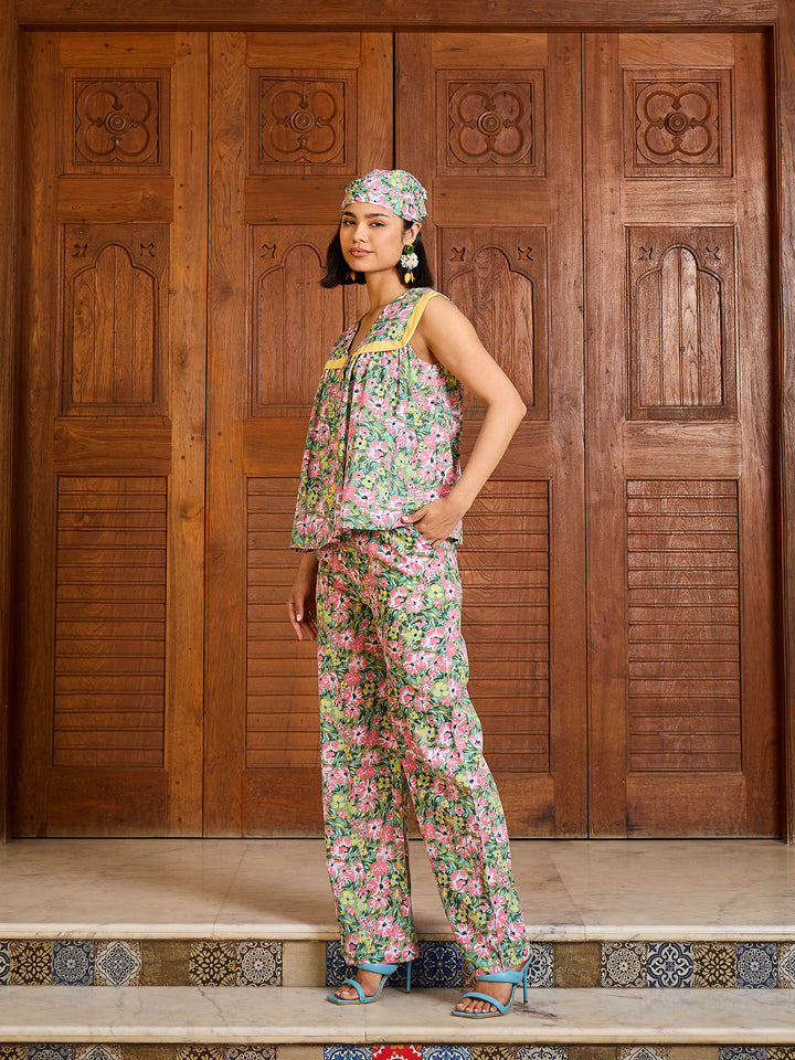 Women Green Floral V Neck Peplum Top With Pants