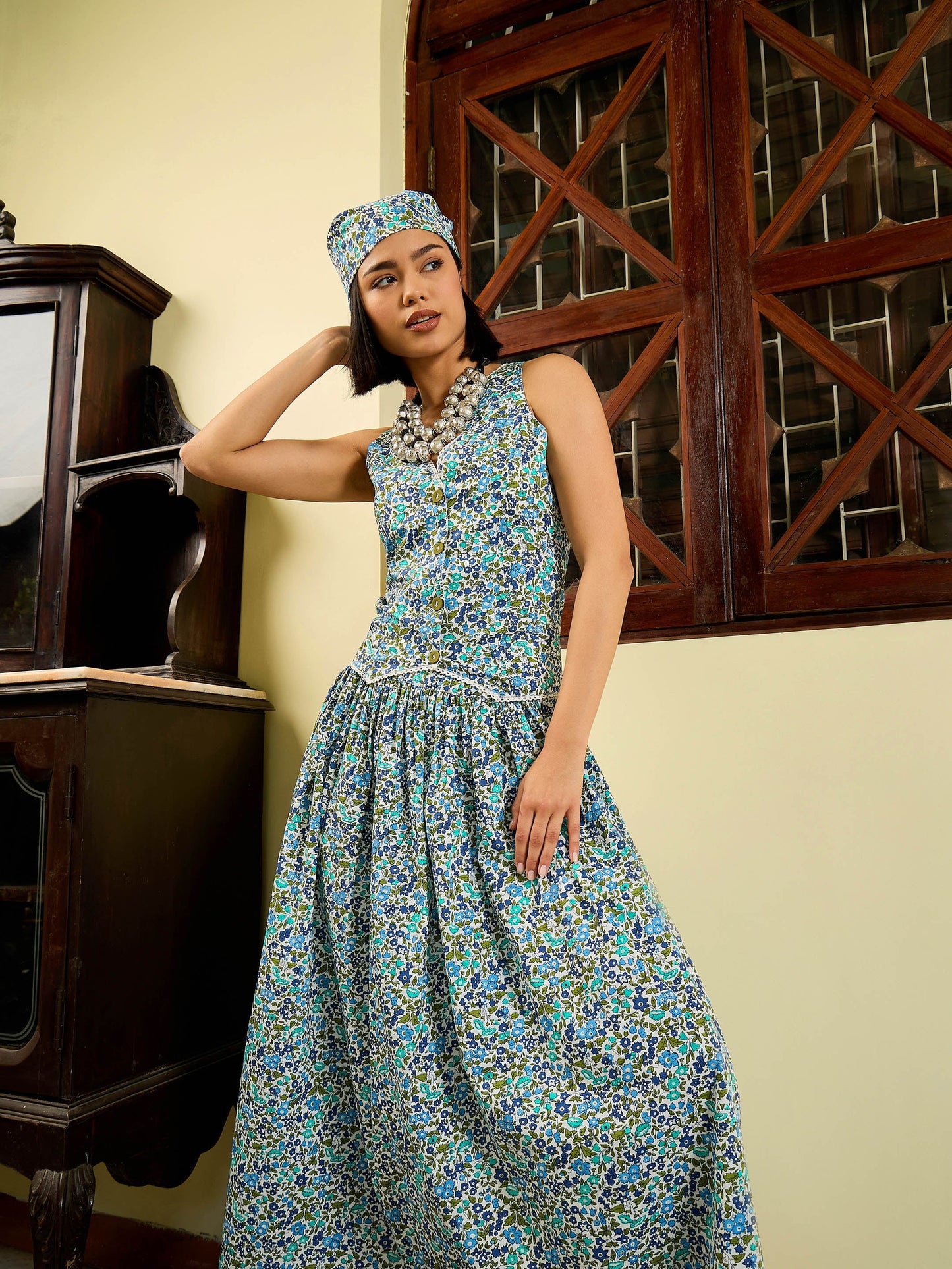 White Ditsy Floral Vest Top With Gathered Skirt