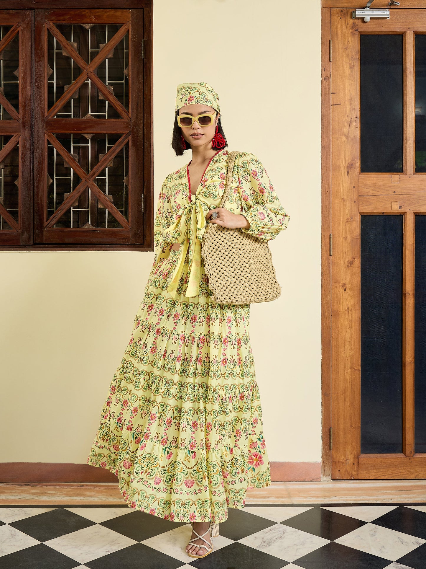 Women Yellow Floral Wrap Top With Tiered Skirt