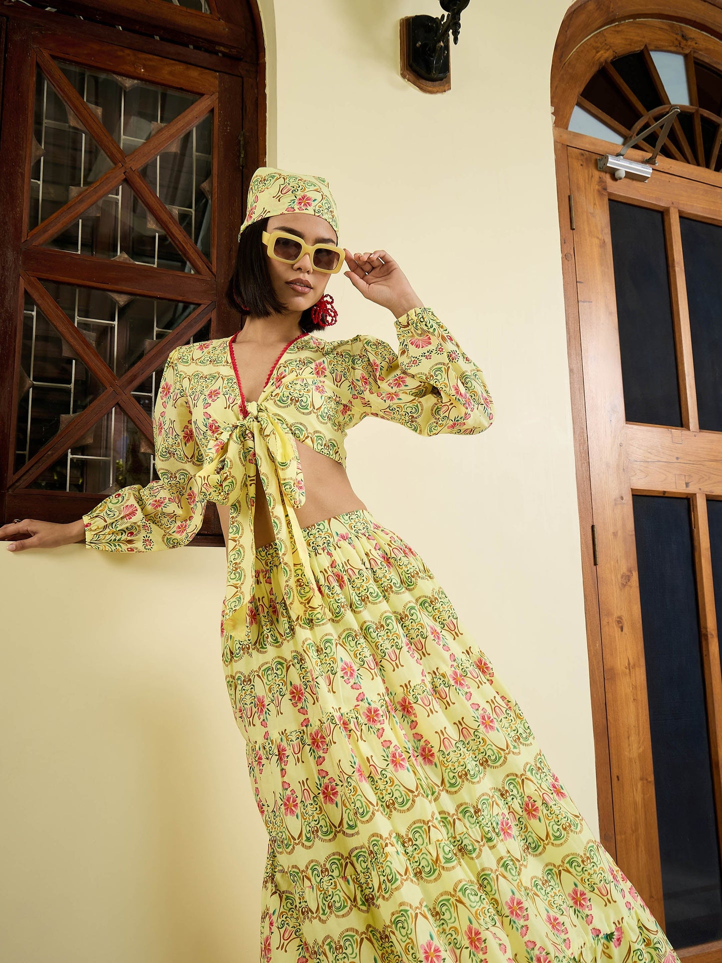 Women Yellow Floral Wrap Top With Tiered Skirt