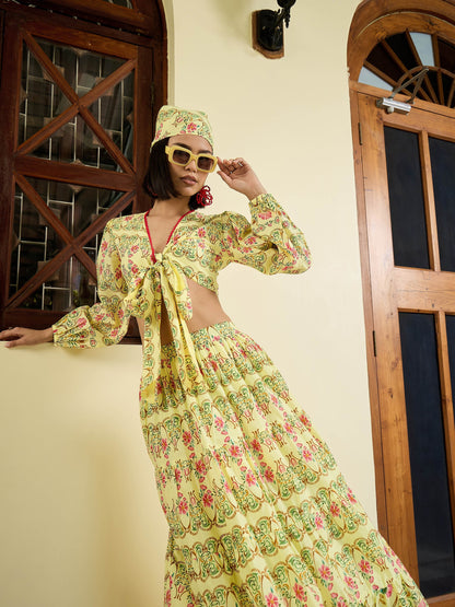 Women Yellow Floral Wrap Top With Tiered Skirt