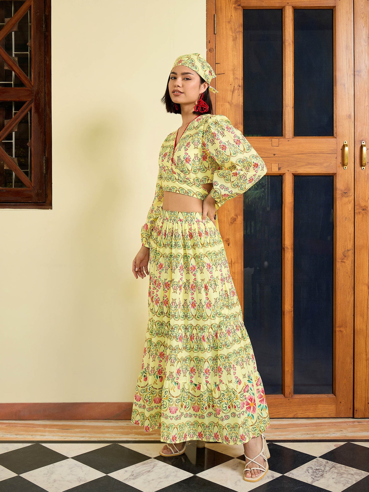 Women Yellow Floral Wrap Top With Tiered Skirt