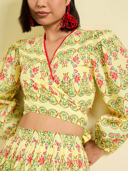 Women Yellow Floral Wrap Top With Tiered Skirt