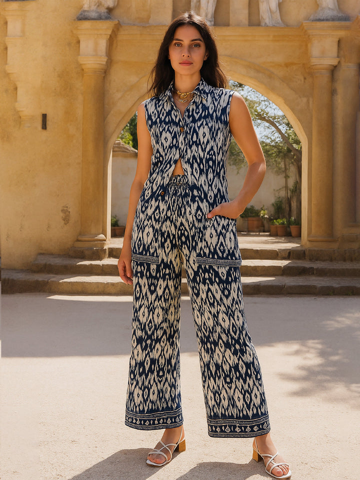 Women Navy &amp; White Waistcoat With Pants