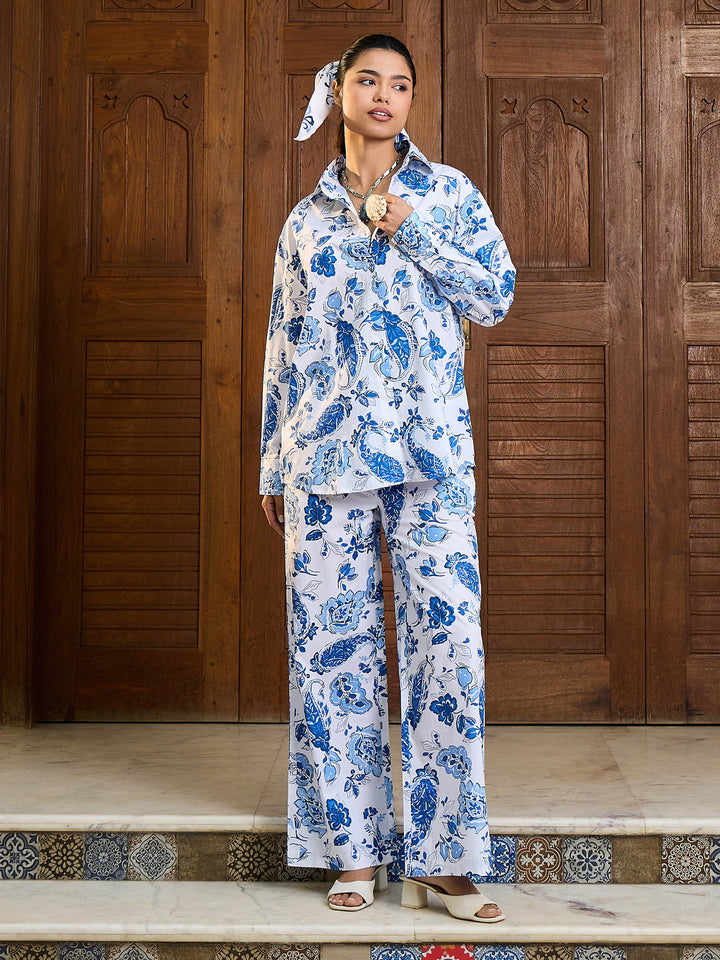 Women White &amp; Blue Floral Shirt With Pants
