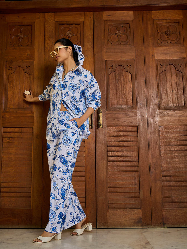 Women White &amp; Blue Floral Shirt With Pants