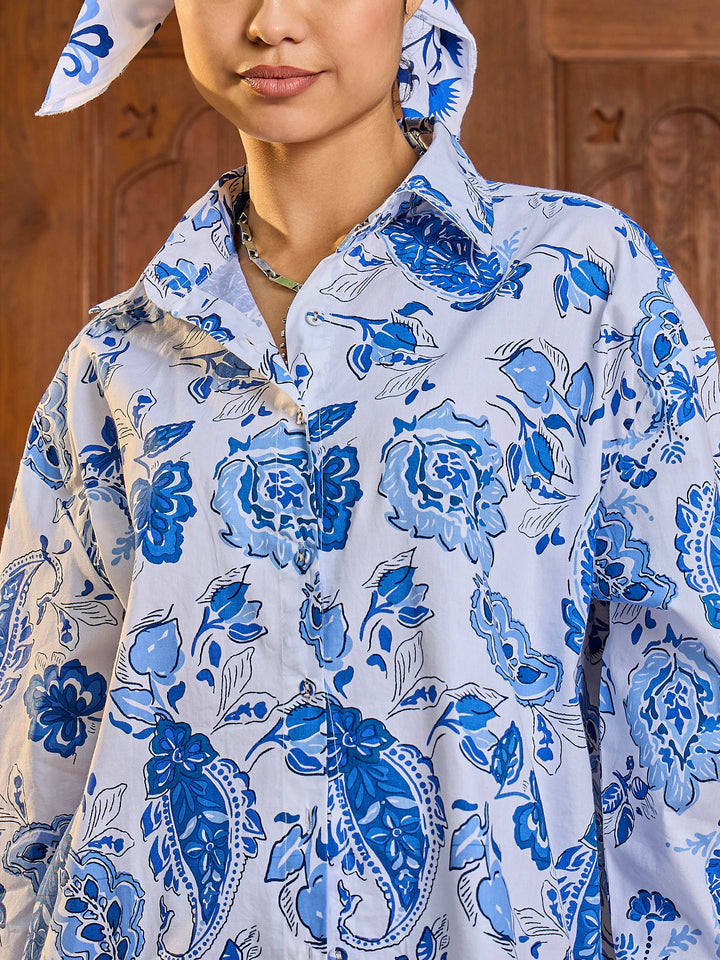 Women White &amp; Blue Floral Shirt With Pants