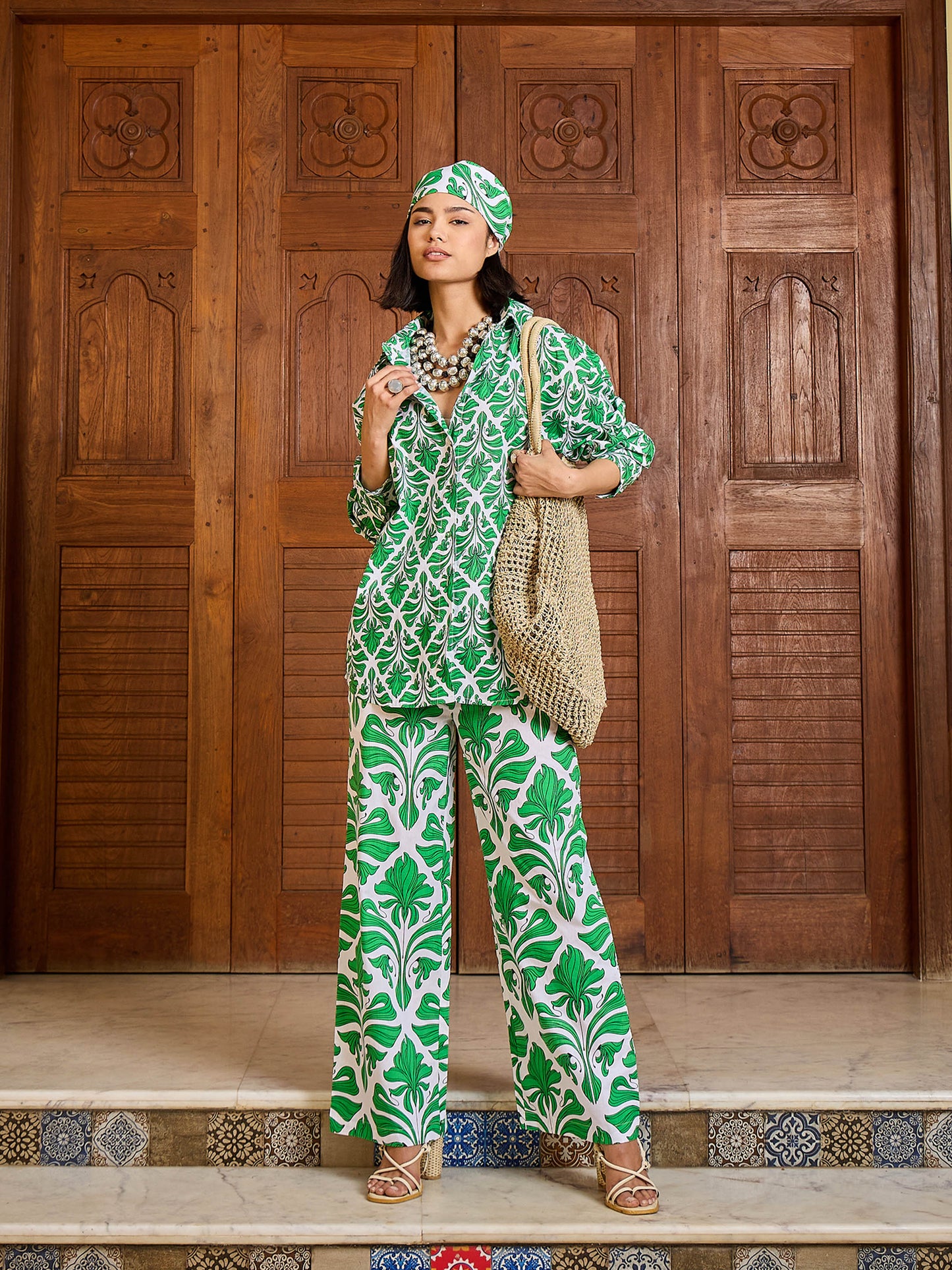 Green & White Floral Shirt With Pants