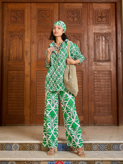 Green & White Floral Shirt With Pants