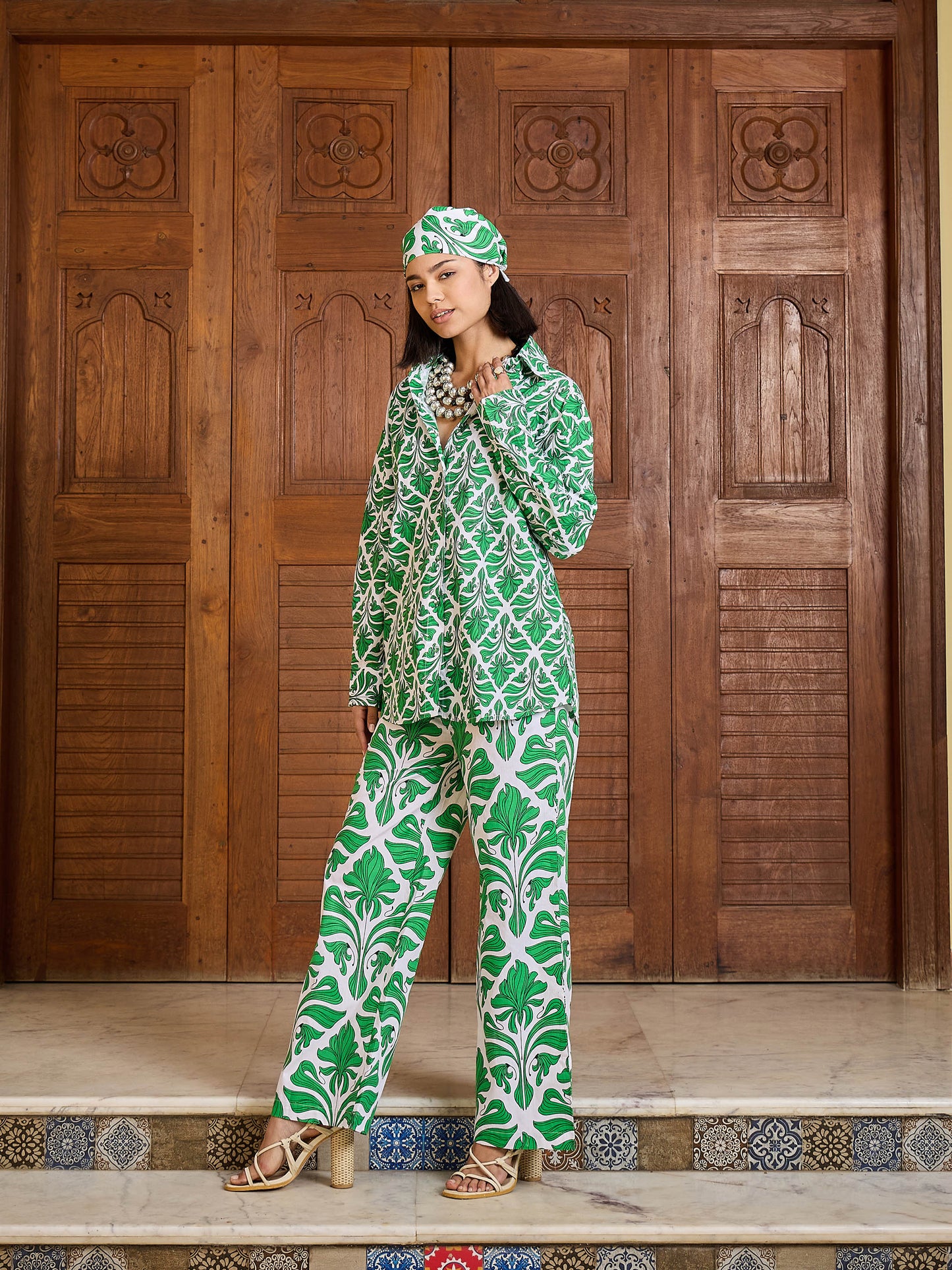 Green & White Floral Shirt With Pants
