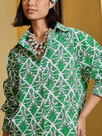 Green & White Floral Shirt With Pants