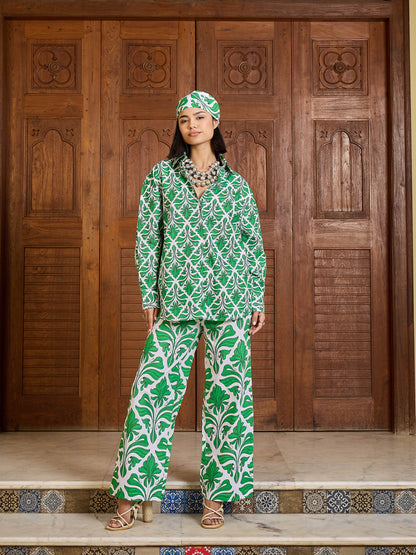 Green & White Floral Shirt With Pants