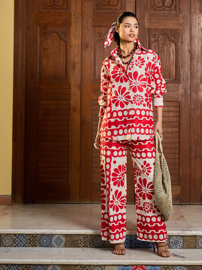 Women Beige & Red Floral Shirt With Pants