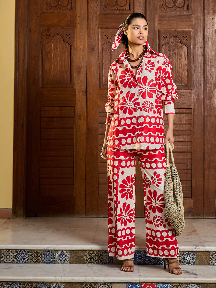 Women Beige &amp; Red Floral Shirt With Pants