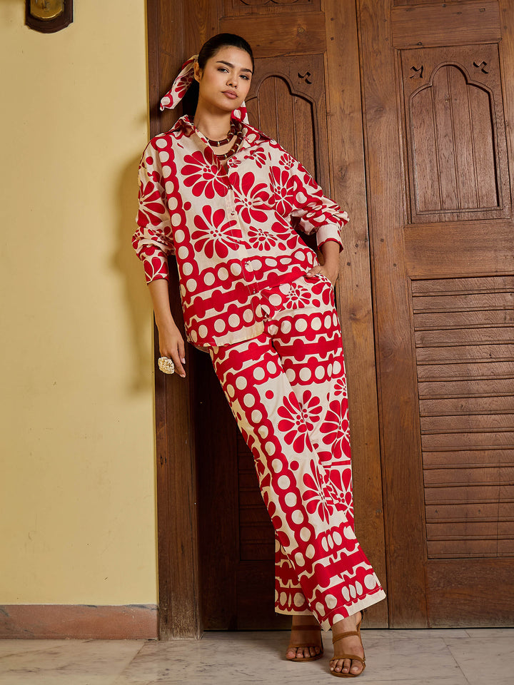 Women Beige &amp; Red Floral Shirt With Pants