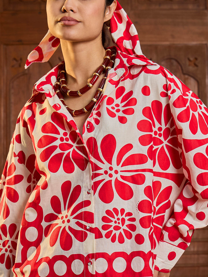 Women Beige &amp; Red Floral Shirt With Pants