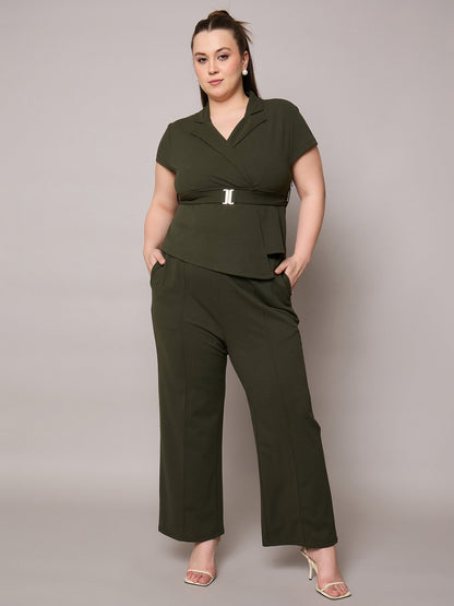 Olive Front Buckle Top With Straight Pants