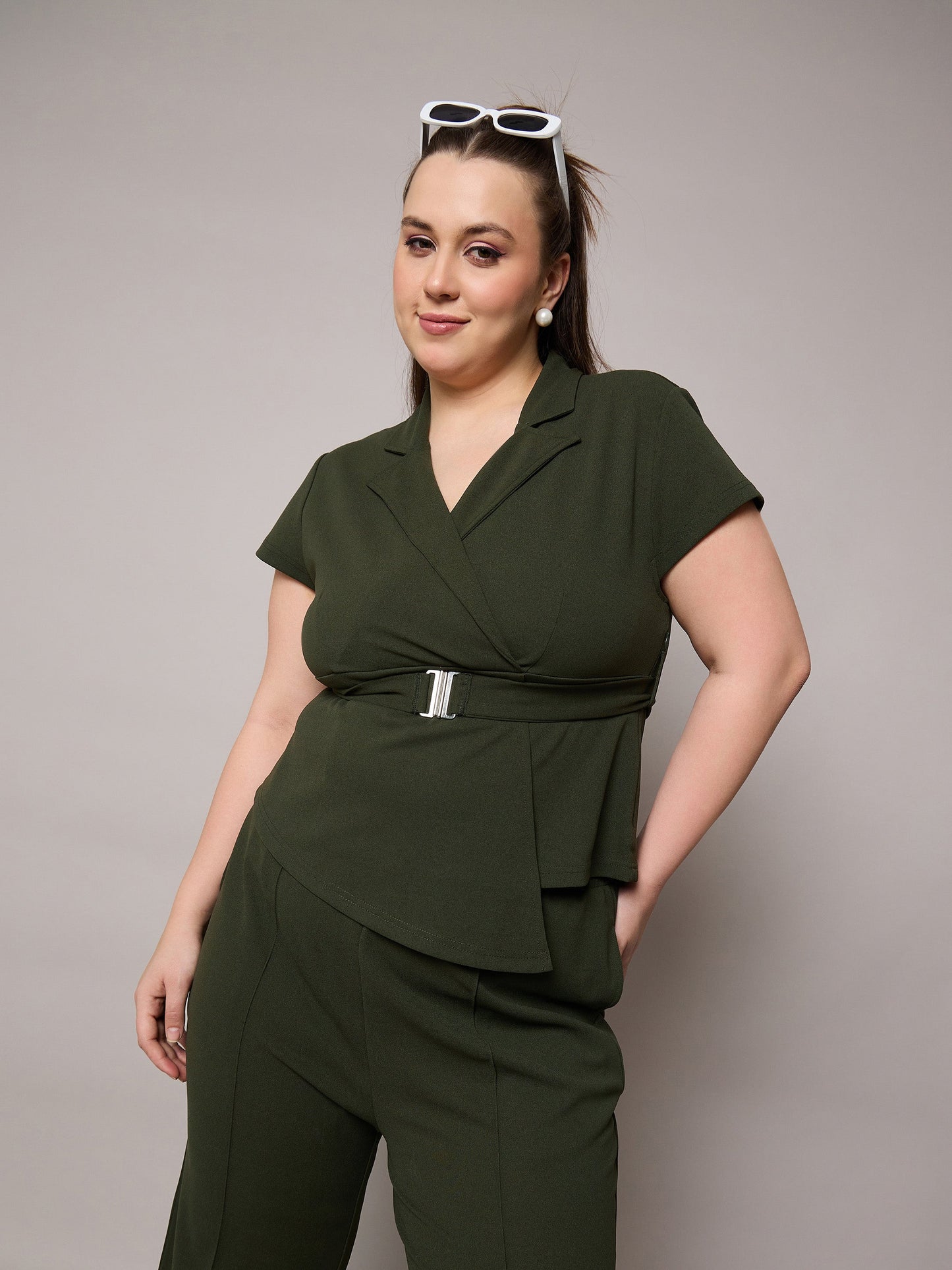 Olive Front Buckle Top With Straight Pants