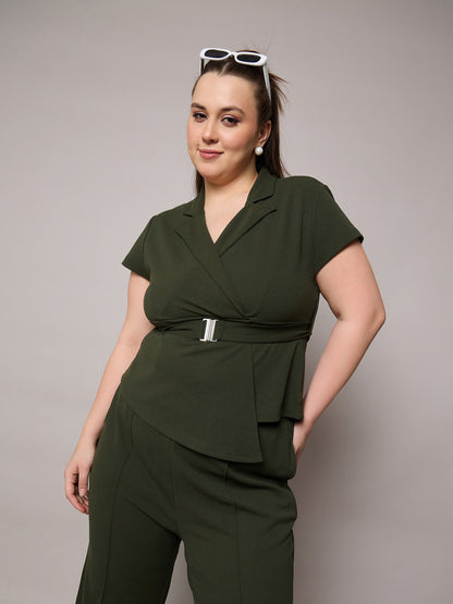 Olive Front Buckle Top With Straight Pants