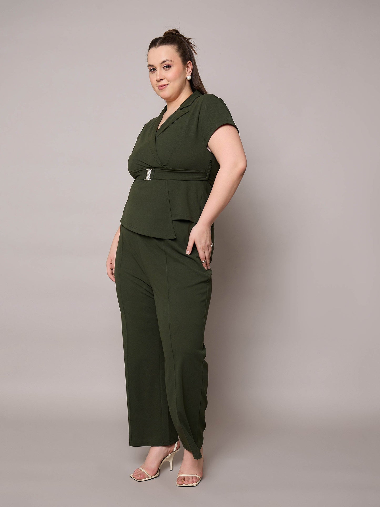Olive Front Buckle Top With Straight Pants