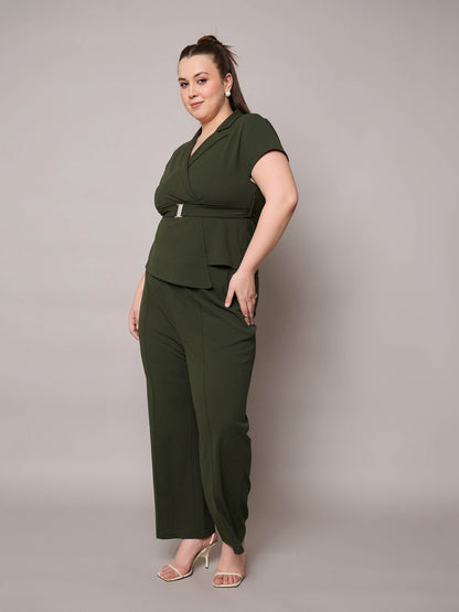 Olive Front Buckle Top With Straight Pants