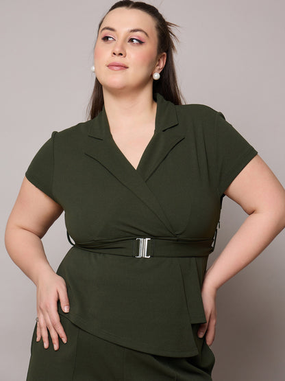 Olive Front Buckle Top With Straight Pants