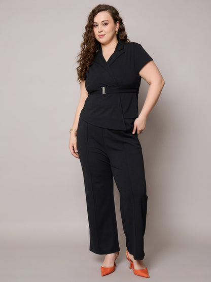 Black Front Buckle Top With Straight Pants