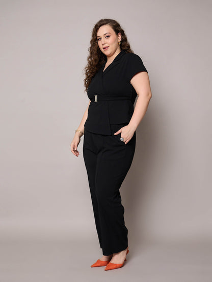 Black Front Buckle Top With Straight Pants