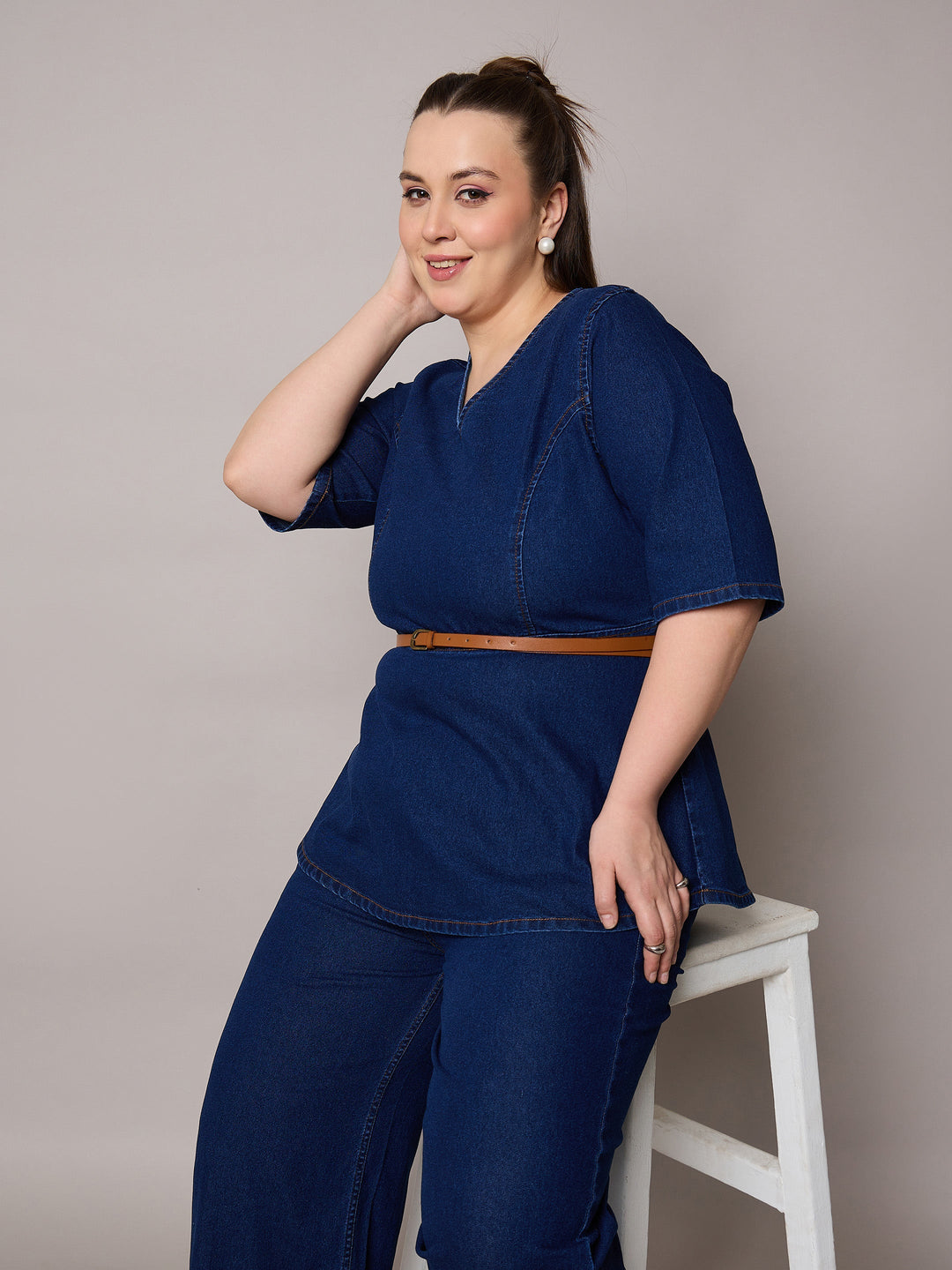 Navy Blast Denim Peplum Top With Jeans-SASSAFRAS Curve