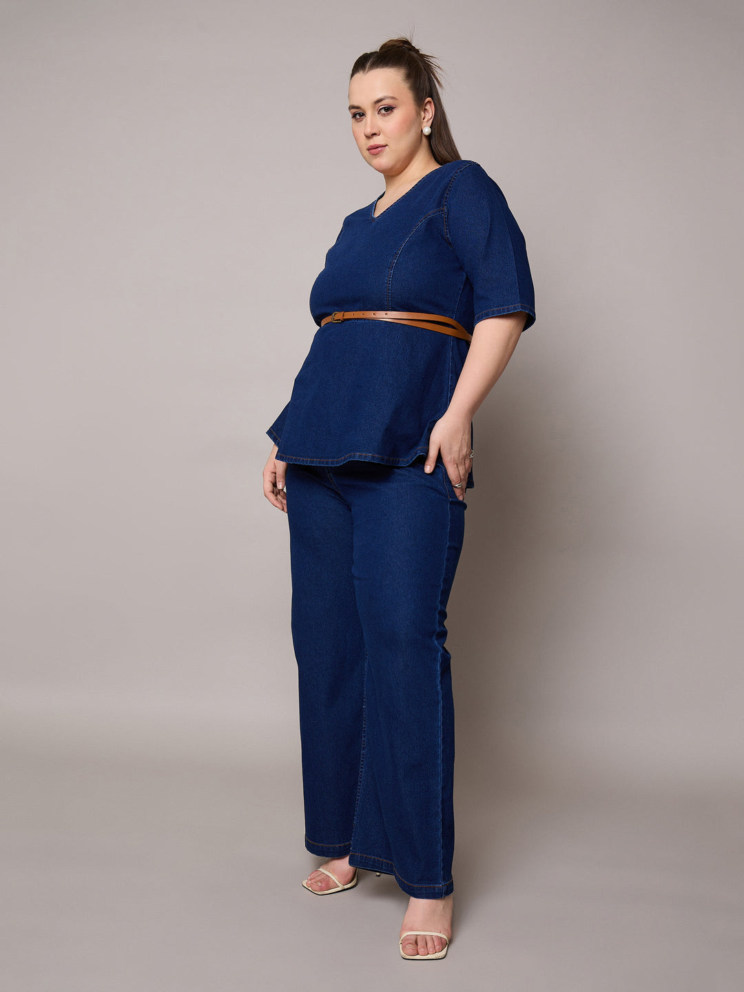 Navy Blast Denim Peplum Top With Jeans-SASSAFRAS Curve