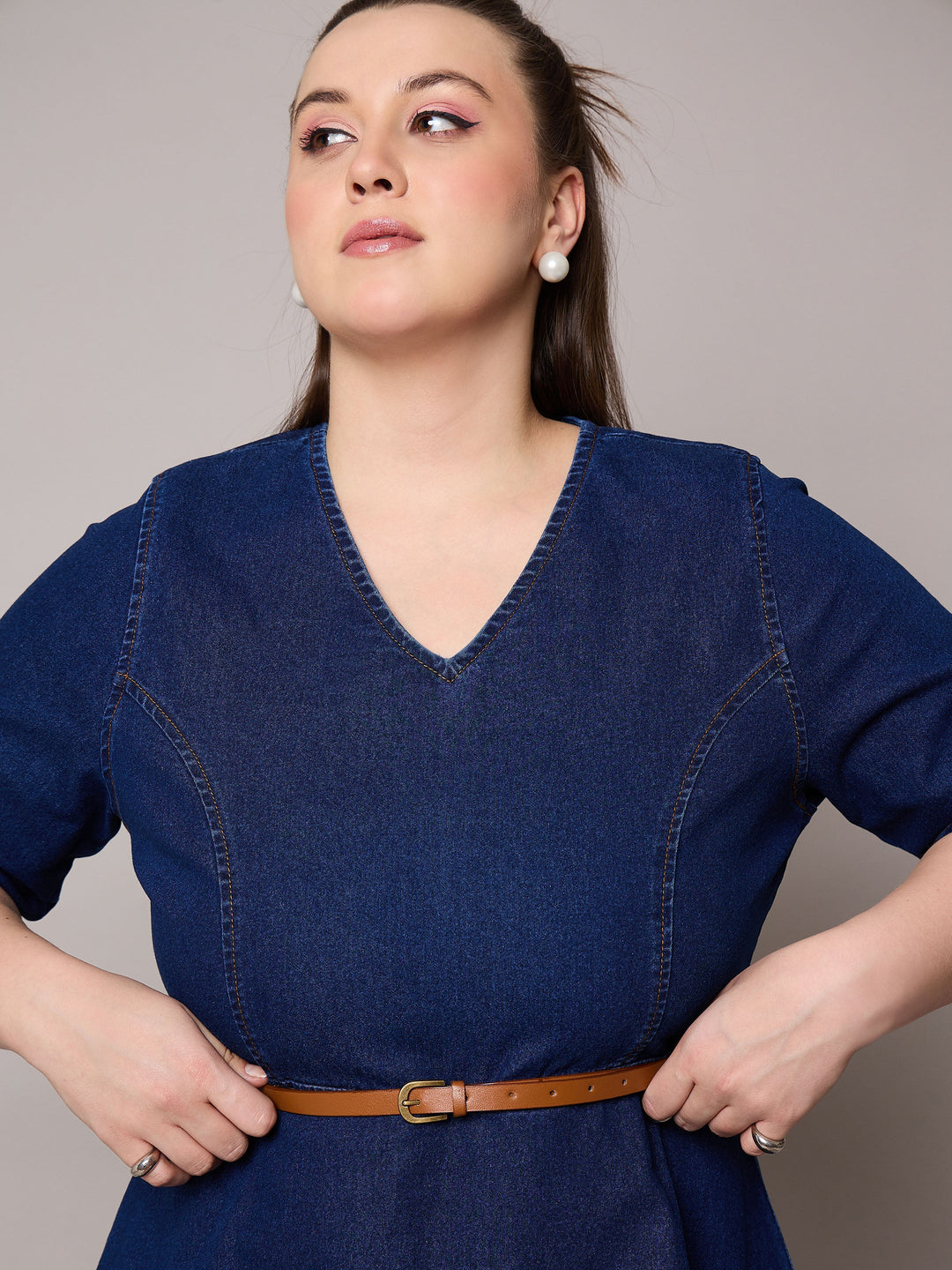 Navy Blast Denim Peplum Top With Jeans-SASSAFRAS Curve